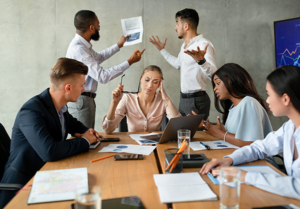 Workplace Conflicts. Stressed Group Of Business People Having Disagreements During Corporate Meeting