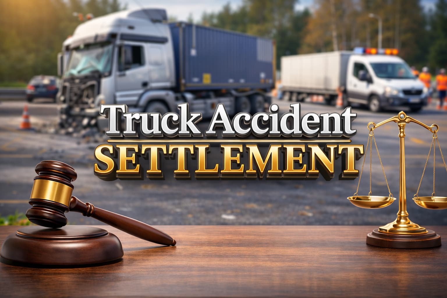 Truck accident settlement concept showing a blurred semi-truck crash scene with a judge&rsquo;s gavel, justice scales, and formal 3D legal text in the foreground.