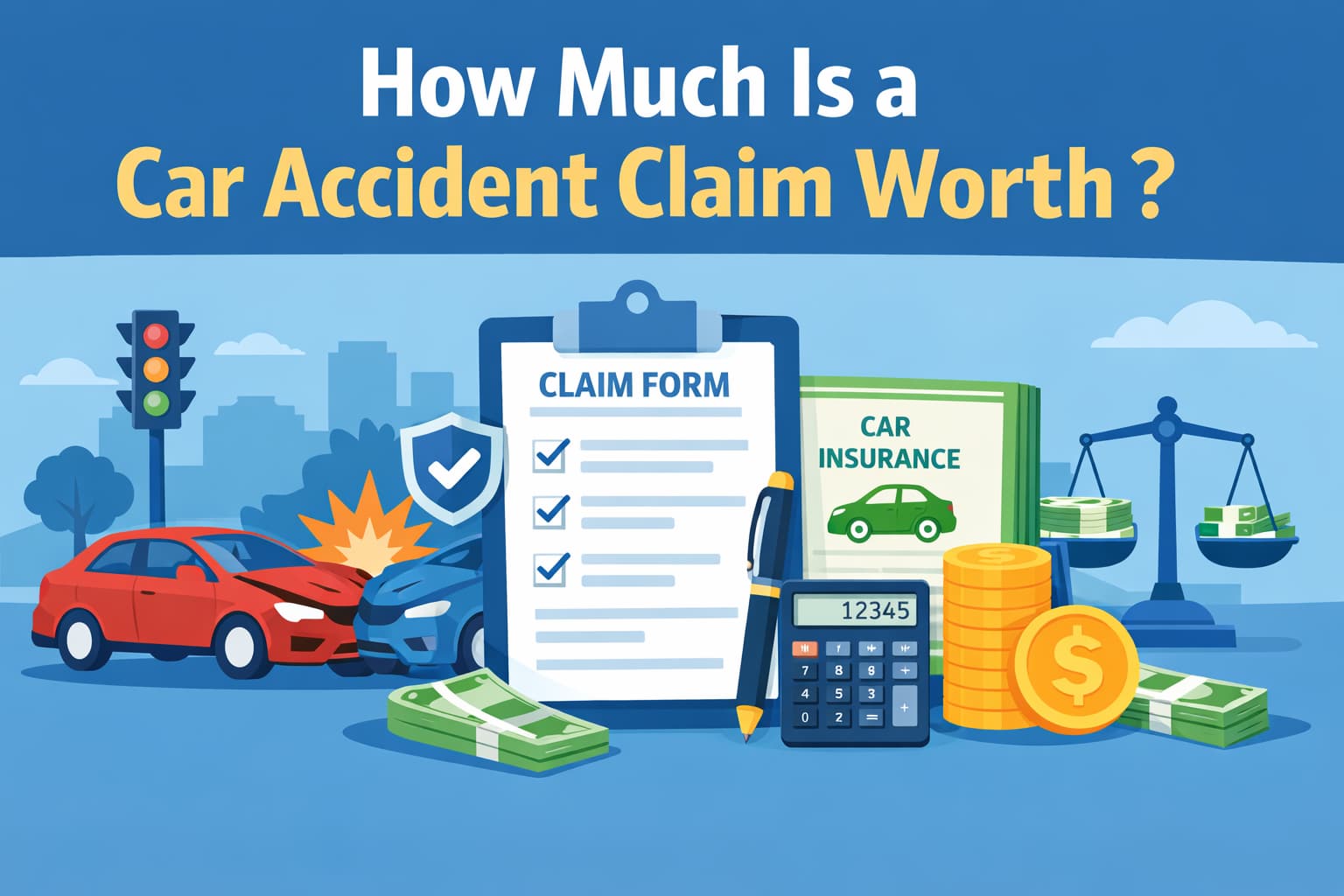 How Much Is a Car Accident Claim Worth? | Insurance Claim Value Illustration Flat vector illustration showing a car accident scene with insurance claim documents, money icons, and calculator explaining how much a car accident claim is worth.