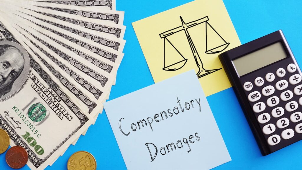 Compensatory damages concept showing cash, calculator, and justice scale representing financial recovery in wrongful death claims