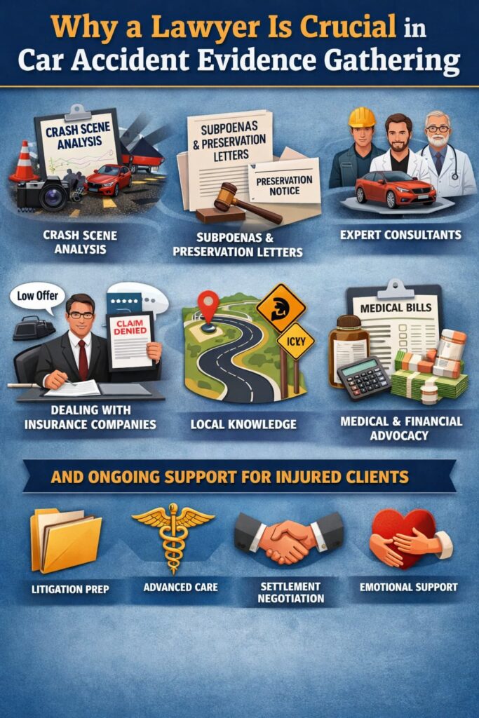 Lawyer gathering and analyzing car accident evidence, including crash scene documentation, expert reports, and insurance records, without showing attorney faces