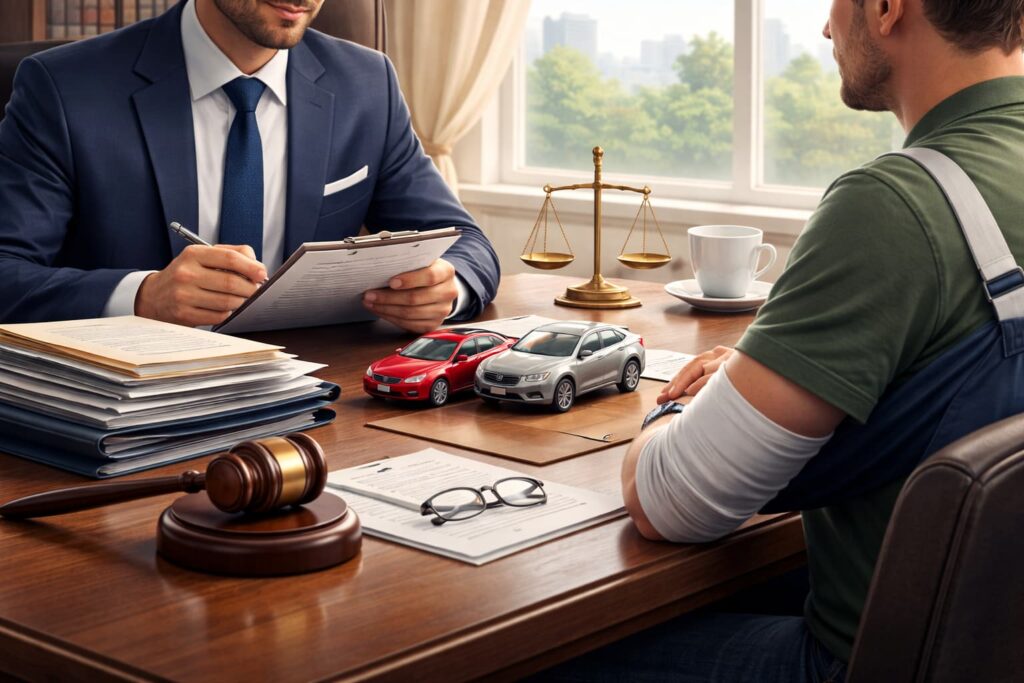 Car accident lawyer meeting with injured client to review evidence and build a strong injury claim Car accident victim consulting with a lawyer in an office, with case files, toy cars, gavel, and justice scale on the desk
