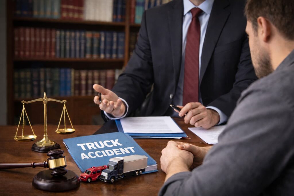 Truck accident victim consulting with a lawyer in a law office, showing accident case files, model truck and car, gavel, and scales of justice