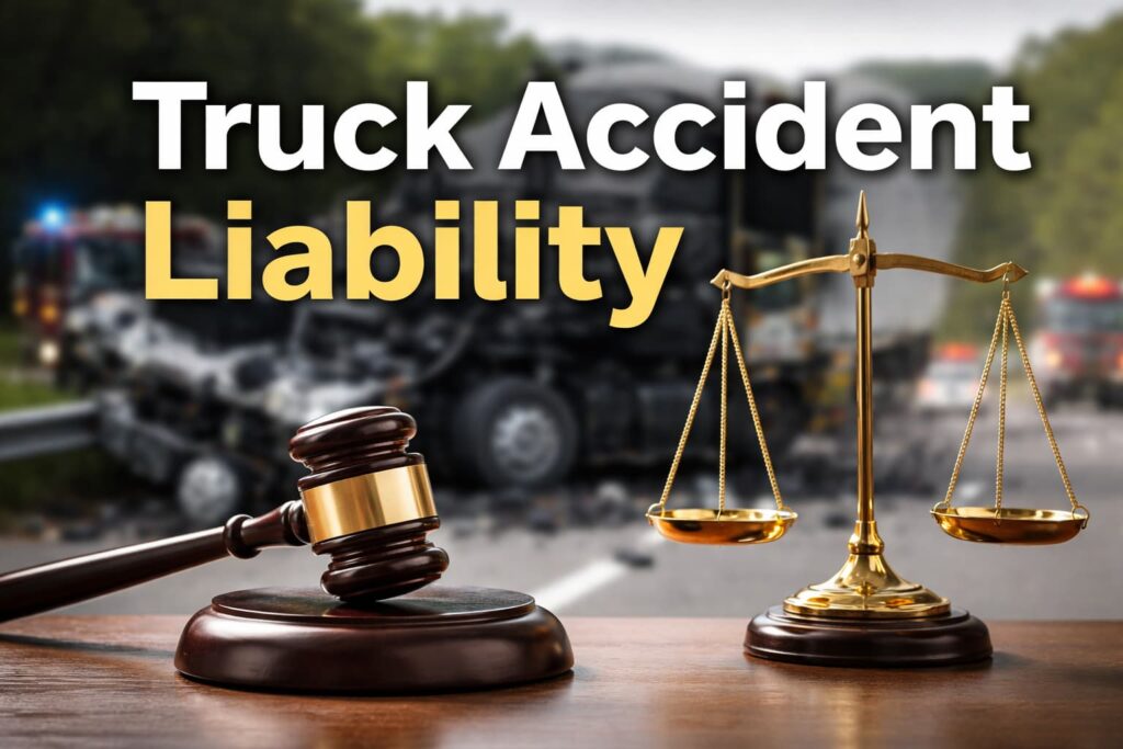 Truck accident liability concept showing gavel and scales of justice with a blurred semi-truck crash scene in the background